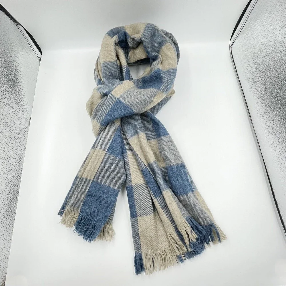 Unisex Fringe Scarf Blue Beige Viscose Plaid Long Rectangular 82 X 24.5 Inches